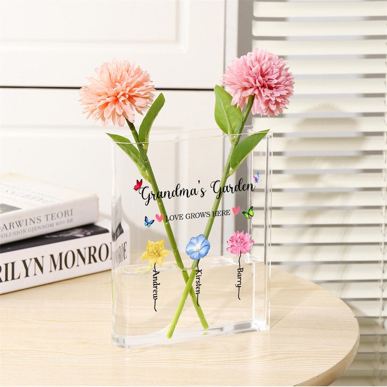Book Shaped Acrylic Vase for Flowers, Personalized Birth Flower Vase for Mom Grandma, Custom Kids Name Clear Vase, Mothers Day Gift