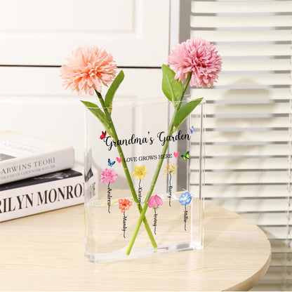 Book Shaped Acrylic Vase for Flowers, Personalized Birth Flower Vase for Mom Grandma, Custom Kids Name Clear Vase, Mothers Day Gift