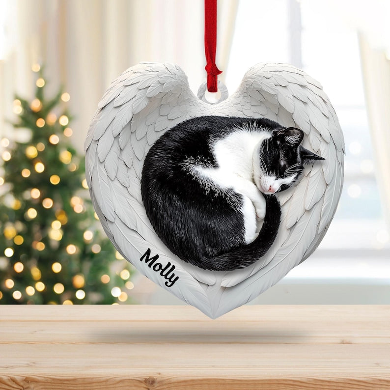 Personalized Cat Sleeping Angel Wings Ornament, Custom Cat Car Hanging Ornament, Cat Christmas Tree Decor, Gift For Pet Lovers