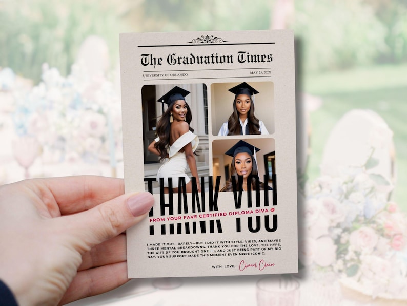 Newspaper Graduation Thank You Card with Photo- Printable Graduate Thank You Note, High School College Grad Party Gift