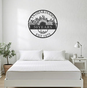 Custom 50th Anniversary Metal Sign,Personalized 50th Wall Art,Golden Anniversary,Sunflower Wedding Sign,Anniversary Gift,Gift For Couple