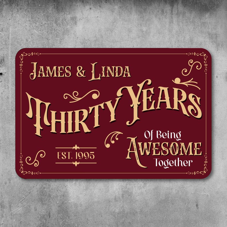 Anniversary Metal Sign, Personalized 30th Wedding Gift for Couples, Custom Wall Decor with Names & EST Date Unique Aluminum Art Wedding Gift