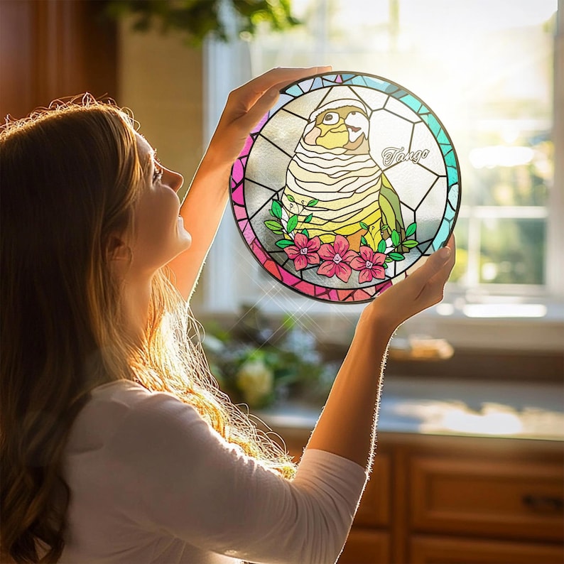 Custom Parrot Portrait Stained Glass Suncatcher, Parrot Portrait Suncatcher, Bird Window Hangings, Bird Memorial Gifts, Parrot Lover Gifts