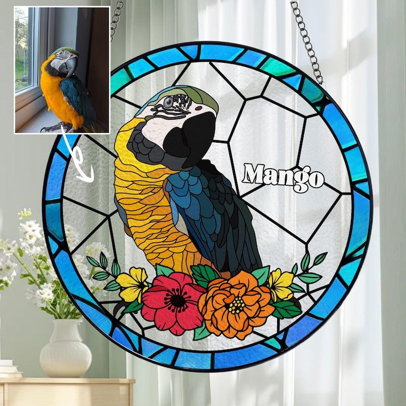 Custom Parrot Portrait Stained Glass Suncatcher, Parrot Portrait Suncatcher, Bird Window Hangings, Bird Memorial Gifts, Parrot Lover Gifts