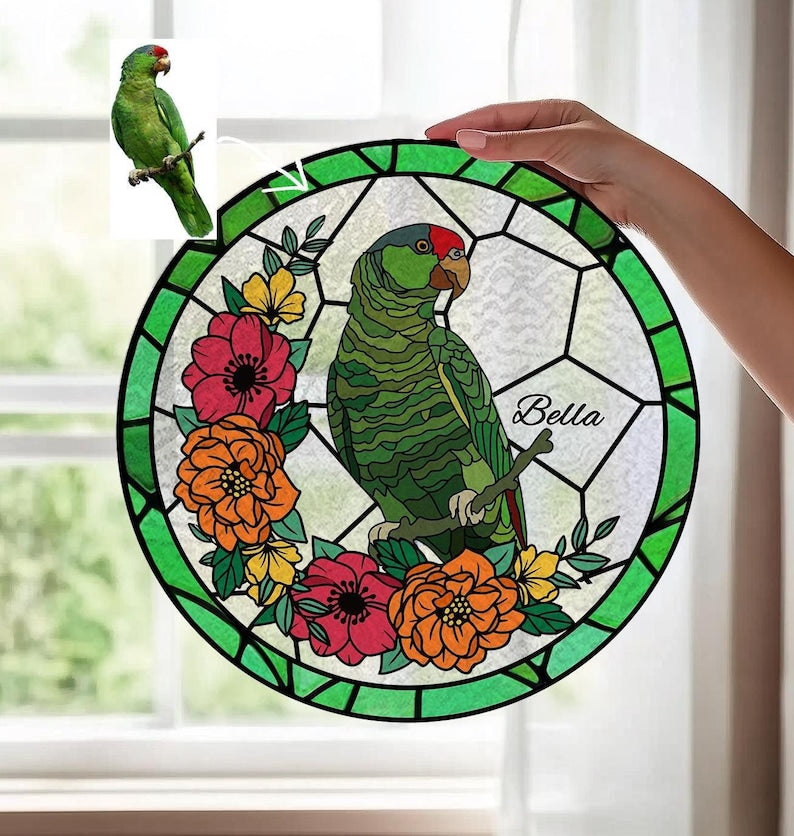Custom Parrot Portrait Stained Glass Suncatcher, Parrot Portrait Suncatcher, Bird Window Hangings, Bird Memorial Gifts, Parrot Lover Gifts
