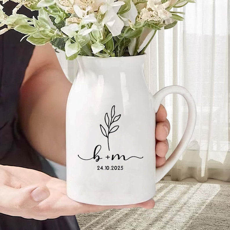 Personalized Wedding Gift for Couple Ceramic Flower Vase Housewarming Gift, Custom Bridal Shower Gift for Bride, Engagement Gift for Couple