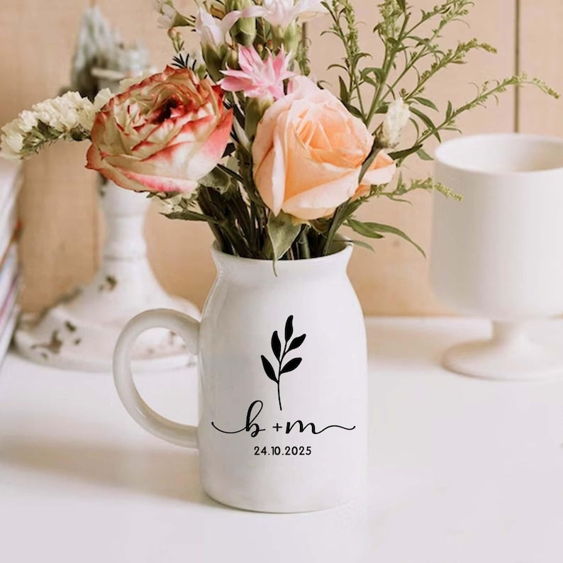 Personalized Wedding Gift for Couple Ceramic Flower Vase Housewarming Gift, Custom Bridal Shower Gift for Bride, Engagement Gift for Couple
