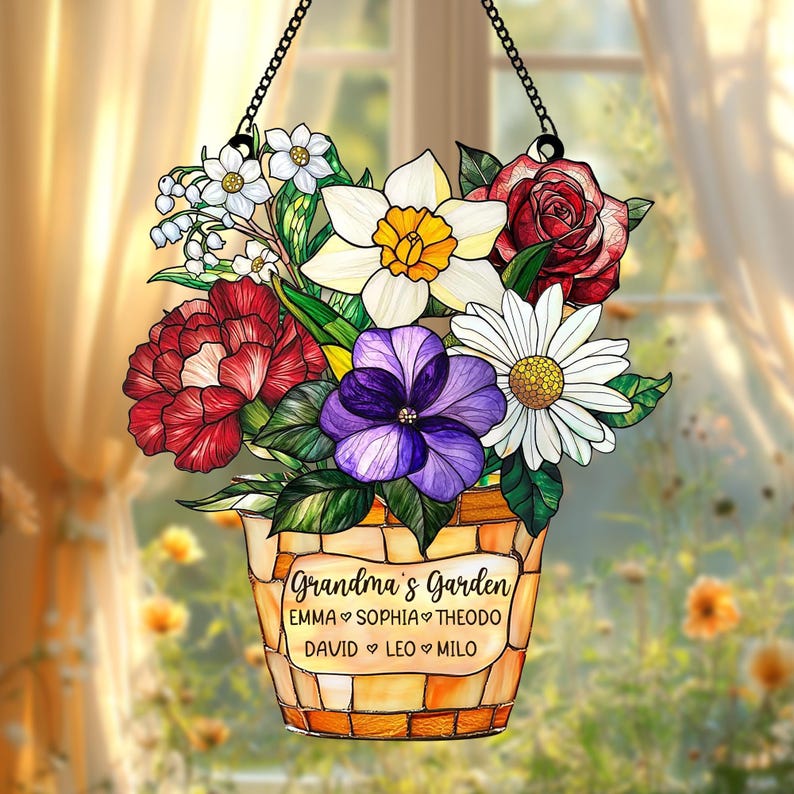 Custom Family Acrylic Suncatcher Personalized Birth Flower Faux Acrylic, Gift for Mom, Grandma, Mother s Day, Family Name Decor