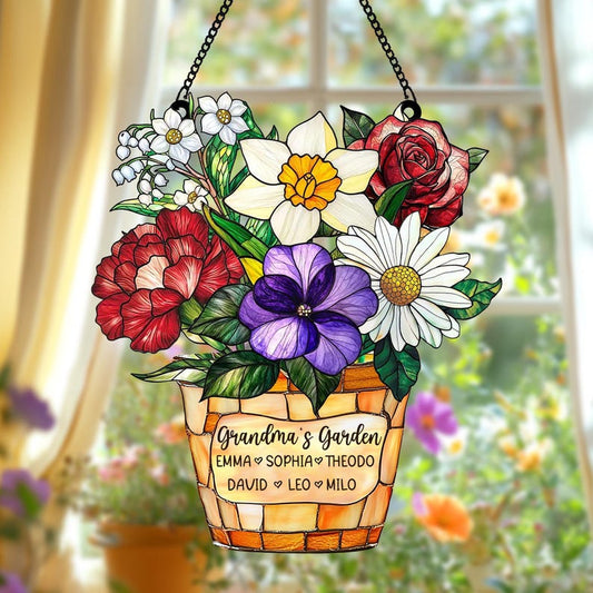 Custom Family Acrylic Suncatcher Personalized Birth Flower Faux Acrylic, Gift for Mom, Grandma, Mother s Day, Family Name Decor