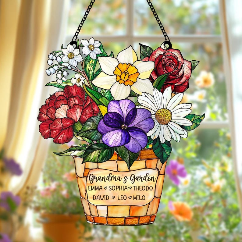 Custom Family Acrylic Suncatcher Personalized Birth Flower Faux Stained Glass, Gift for Mom, Grandma, Mother s Day, Family Name Decor