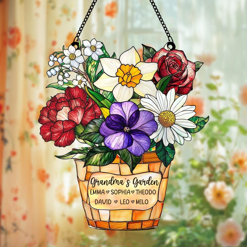 Custom Family Acrylic Suncatcher Personalized Birth Flower Faux Stained Glass, Gift for Mom, Grandma, Mother s Day, Family Name Decor