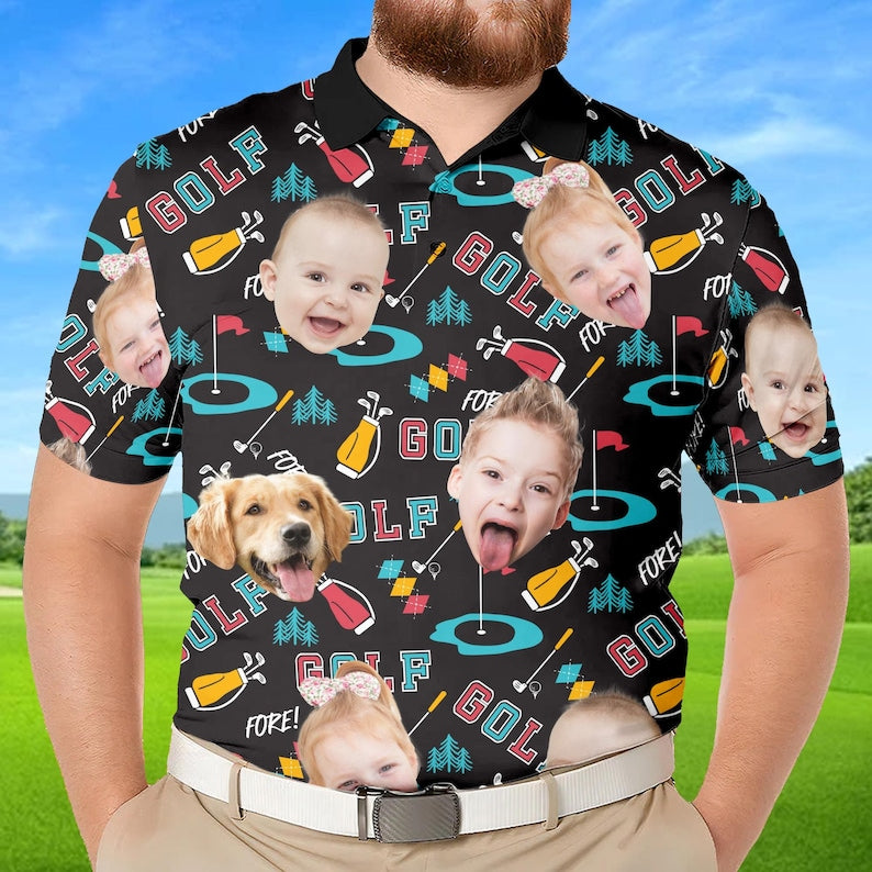 Best Dad By Par Shirt, Custom Faces Shirt for Golfer, Short Sleeve Golf Shirt Gift for Husband, Father, Personalized Shirt with Face for Men