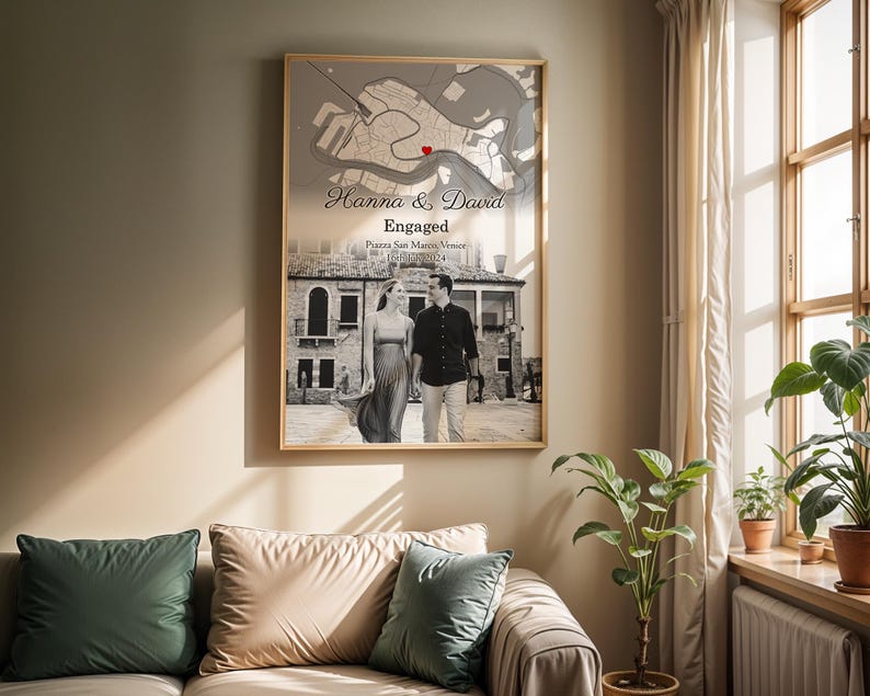 Engagement Photo and Map print | Custom Engaged Photo and Map Print | Personalised Engagement Gift