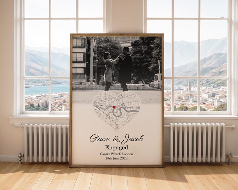 Engagement Photo and Map Print | Custom Engaged Photo and Map Print | Personalised Engagement Print (No Frame)