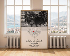 Engagement Photo and Map Print | Custom Engaged Photo and Map Print | Personalised Engagement Print (No Frame)