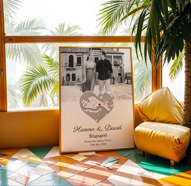 Engagement Photo and Map Print | Custom Engaged Photo and Map Print | Personalised Engagement Print (No Frame)