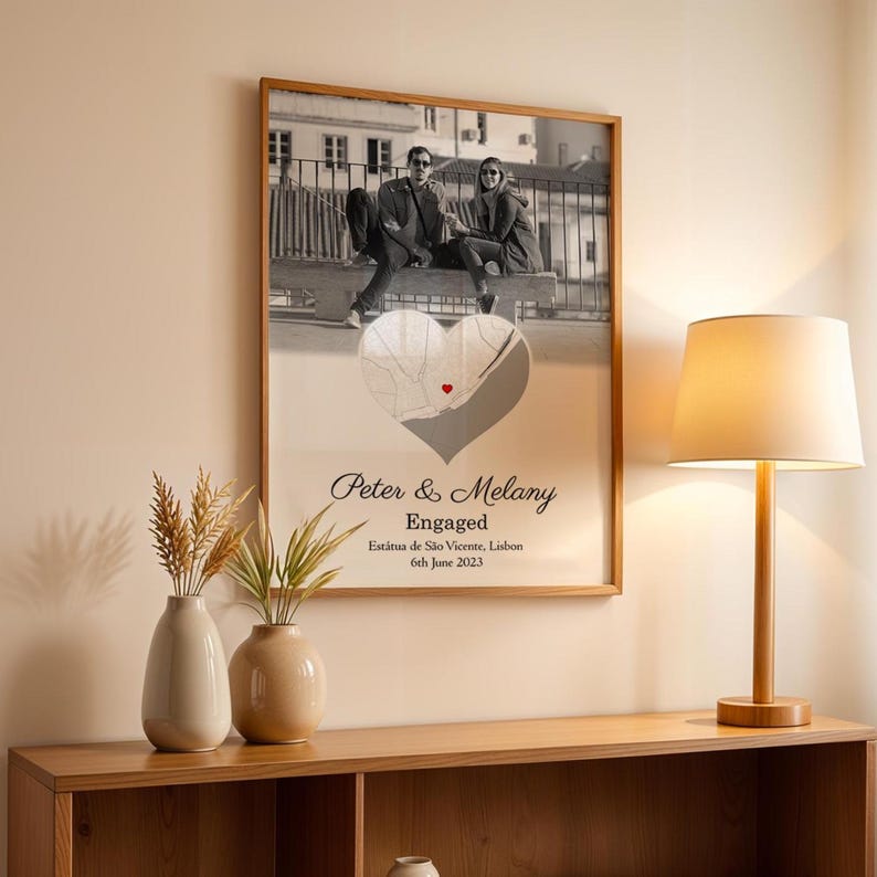 Engagement Photo and Map Print | Custom Engaged Photo and Map Print | Personalised Engagement Print (No Frame)