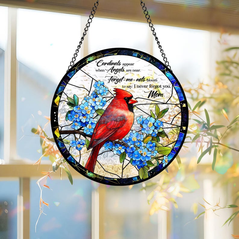 Cardinal Glass Suncatcher, Mom Memorial Gift, Forget Me Not Window Hanging, In Memory of Mom, Nana's Blessings, Mothers Day Gift