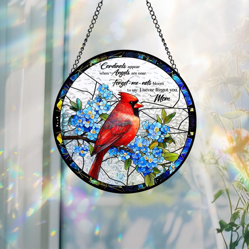 Cardinal Glass Suncatcher, Mom Memorial Gift, Forget Me Not Window Hanging, In Memory of Mom, Nana's Blessings, Mothers Day Gift
