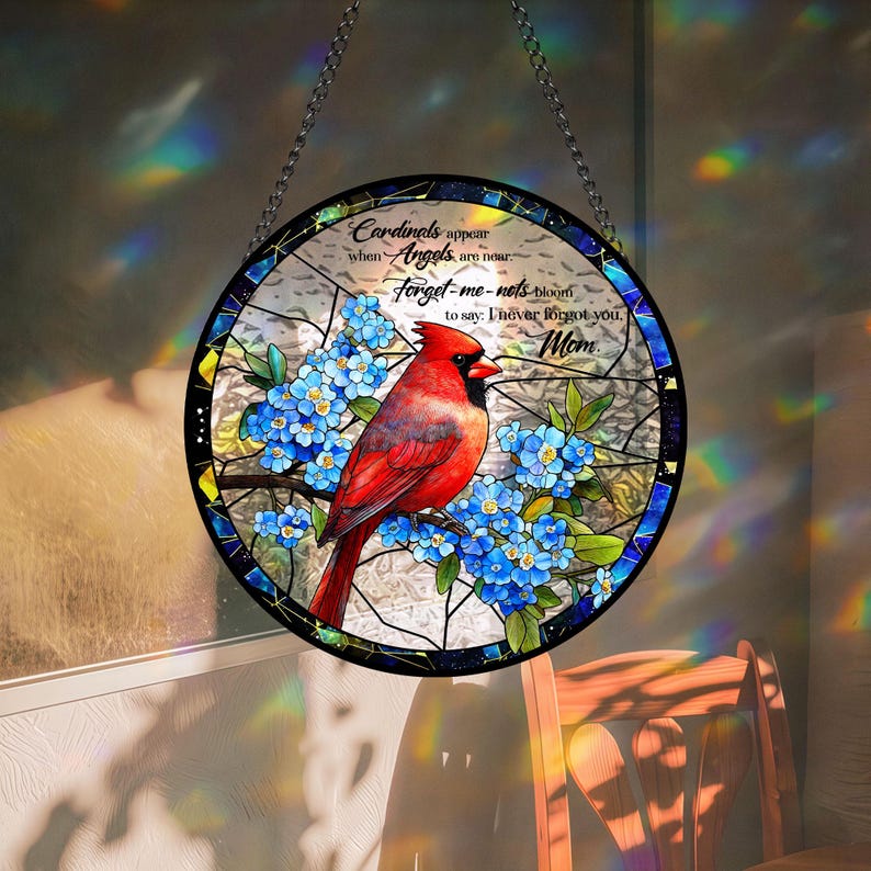 Cardinal Glass Suncatcher, Mom Memorial Gift, Forget Me Not Window Hanging, In Memory of Mom, Nana's Blessings, Mothers Day Gift