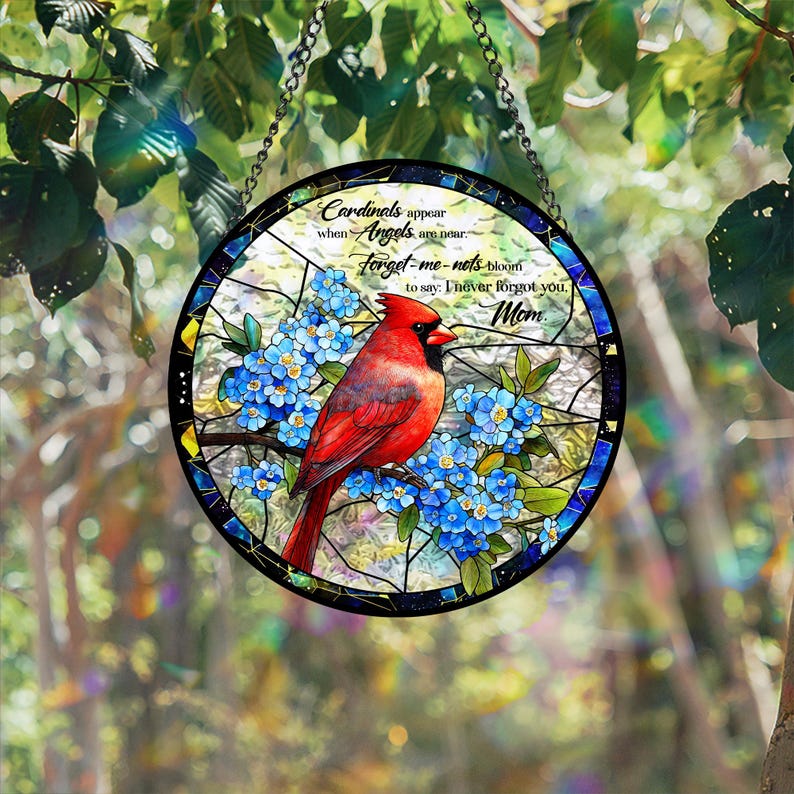 Cardinal Glass Suncatcher, Mom Memorial Gift, Forget Me Not Window Hanging, In Memory of Mom, Nana's Blessings, Mothers Day Gift