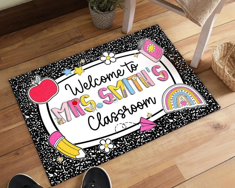 Personalized Teacher Classroom Doormat, Composition Book Doormat, Custom Teacher Welcome Doormat, Classroom Decor, Teacher Appreciation Gift