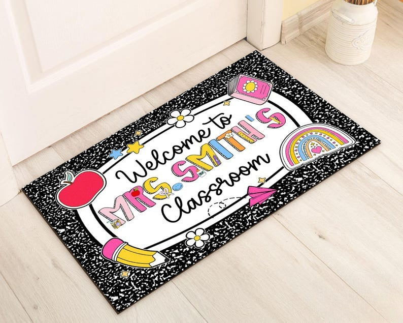 Personalized Teacher Classroom Doormat, Composition Book Doormat, Custom Teacher Welcome Doormat, Classroom Decor, Teacher Appreciation Gift