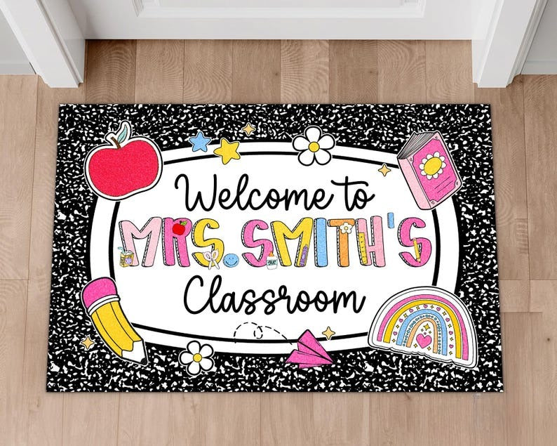 Personalized Teacher Classroom Doormat, Composition Book Doormat, Custom Teacher Welcome Doormat, Classroom Decor, Teacher Appreciation Gift