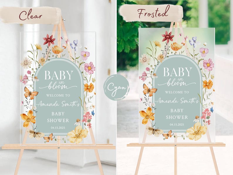 Baby in Bloom Acrylic Baby Shower Sign Personalized Floral Welcome Sign for Spring Baby Shower, Custom Event Decor, Clear or Frosted Sign