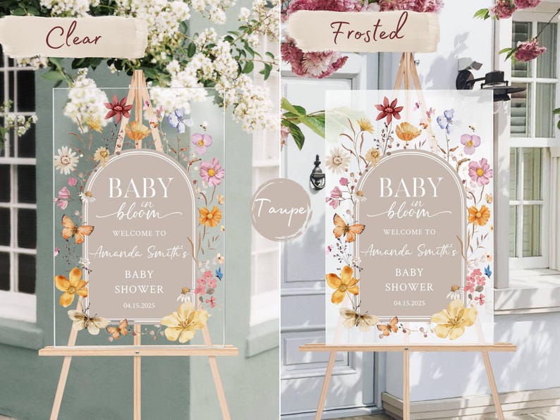 Baby in Bloom Acrylic Baby Shower Sign Personalized Floral Welcome Sign for Spring Baby Shower, Custom Event Decor, Clear or Frosted Sign
