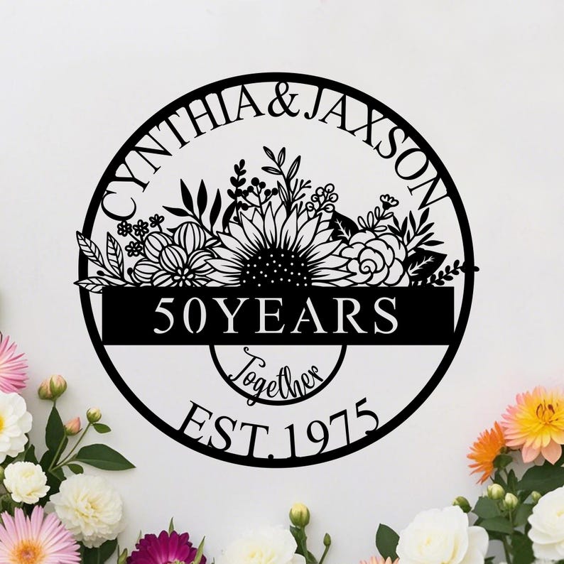 Custom 50th Anniversary Metal Sign,Personalized 50th Wall Art,Golden Anniversary,Sunflower Wedding Sign,Anniversary Gift,Gift For Couple