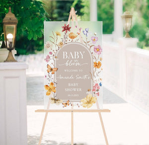 Baby in Bloom Acrylic Baby Shower Sign Personalized Floral Welcome Sign for Spring Baby Shower, Custom Event Decor, Clear or Frosted Sign