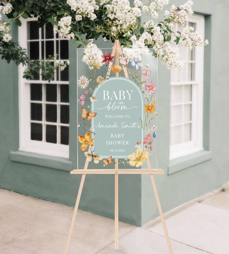 Baby in Bloom Acrylic Baby Shower Sign Personalized Floral Welcome Sign for Spring Baby Shower, Custom Event Decor, Clear or Frosted Sign