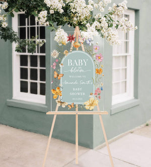 Baby in Bloom Acrylic Baby Shower Sign Personalized Floral Welcome Sign for Spring Baby Shower, Custom Event Decor, Clear or Frosted Sign