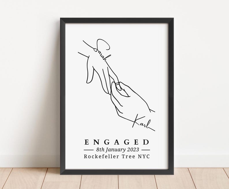 Personalised Engagement Hands Line Art Print, Custom Couple Gift, Engaged Keepsake Frame (No Frame)