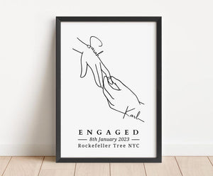 Personalised Engagement Hands Line Art Print, Custom Couple Gift, Engaged Keepsake Frame (No Frame)