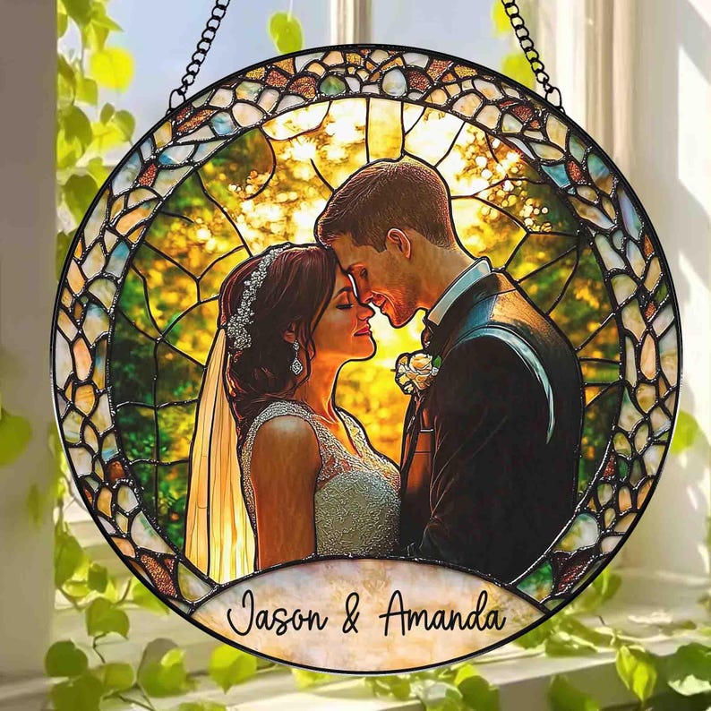 Custom Photo Stained Glass Suncatcher, Wedding Anniversary Valentine Gift, Couple Personalized Window Hanging Suncatcher, For Husband Wife