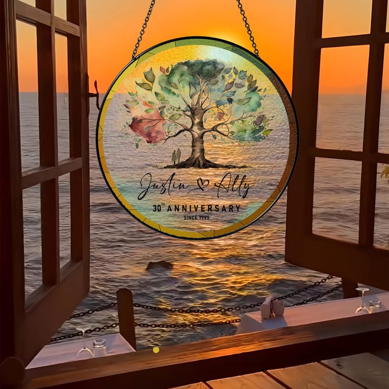 Anniversary Glass Suncatcher, Personalized Wedding Gift, Anniversary Present for Couples, Gift for Couples, Wedding Memory Glass