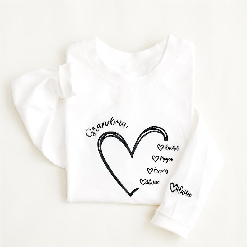 Personalized Grandma Sweatshirt, Custom Nana Crewneck with Grandkids Names, Gift for Mom and Grandma, Heart Embroidered Hoodie, Family Gift