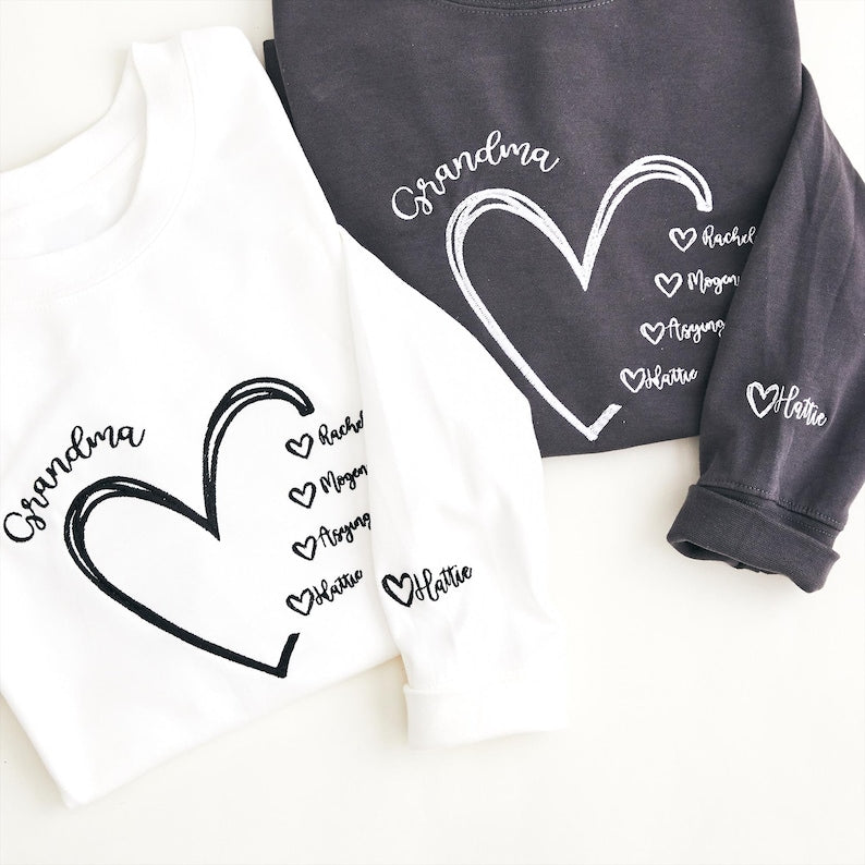 Personalized Grandma Sweatshirt, Custom Nana Crewneck with Grandkids Names, Gift for Mom and Grandma, Heart Embroidered Hoodie, Family Gift