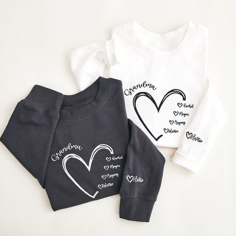 Personalized Grandma Sweatshirt, Custom Nana Crewneck with Grandkids Names, Gift for Mom and Grandma, Heart Embroidered Hoodie, Family Gift