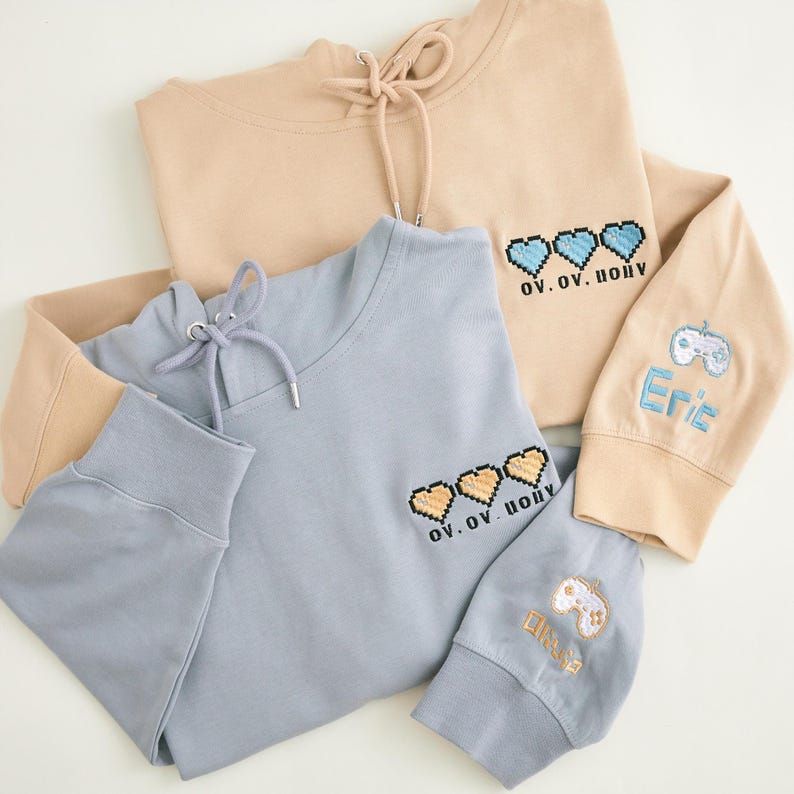 Embroidered Pixel Heart Matching Hoodies, His and Hers Gamer Sweatshirt, Custom Date Hoodie, Valentine s Gift for Boyfriend or Girlfriend
