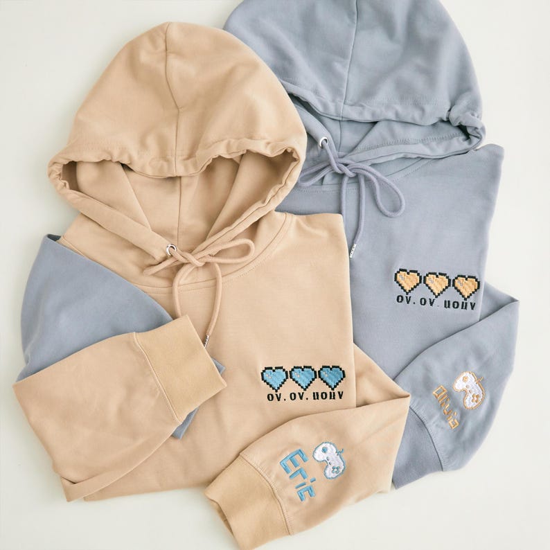 Embroidered Pixel Heart Matching Hoodies, His and Hers Gamer Sweatshirt, Custom Date Hoodie, Valentine s Gift for Boyfriend or Girlfriend