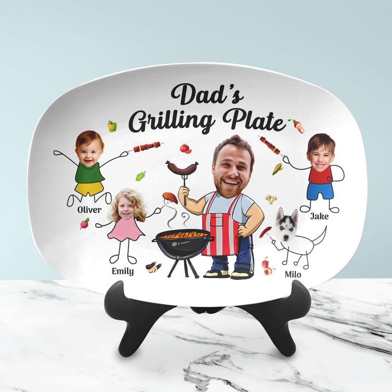 Personalized Father's Day Platter Gift For Dad, Funny Grilling Platter Papa Gifts, Custom Platter With Photo And Kids Name, Dad Platter Gift