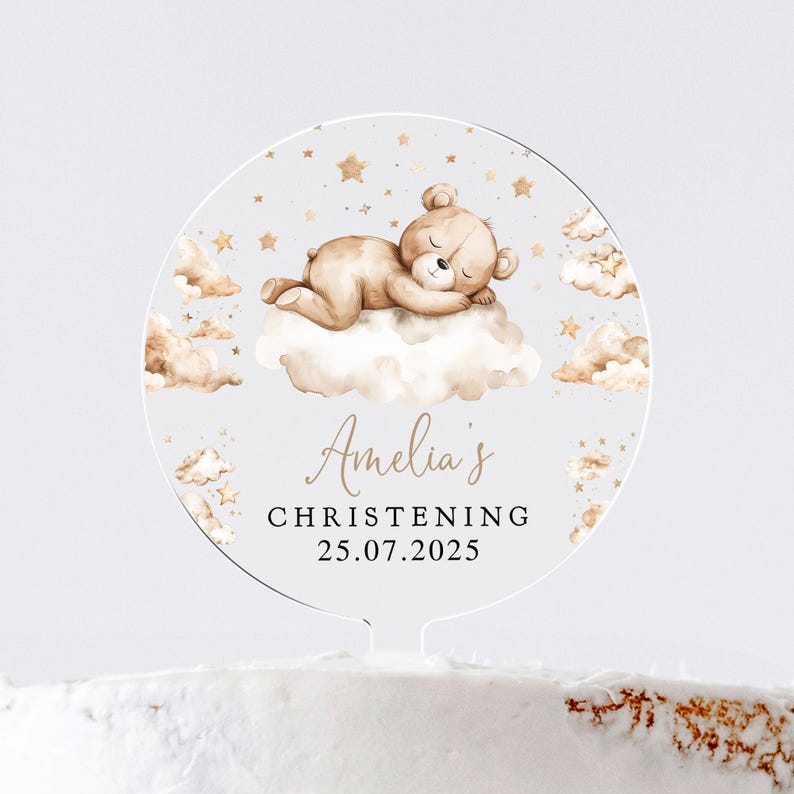 Christening Cake Topper, Baptism Cake Topper, Teddy Cake Topper, Clouds Cake Topper, Acrylic Cake Topper, Christened Cake