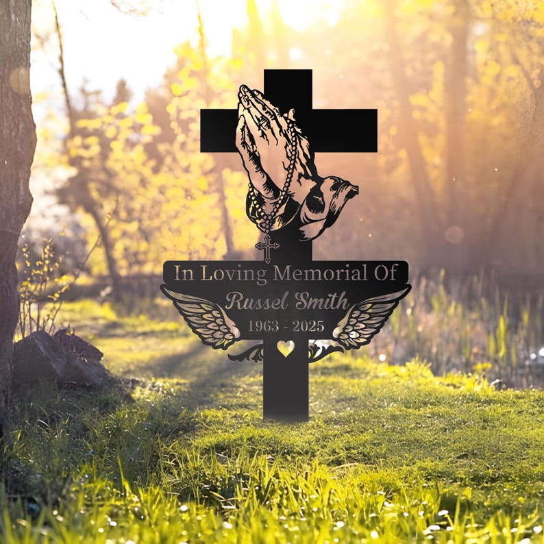 Personalized Memorial Cross with Praying Hands - Sympathy Grave Marker