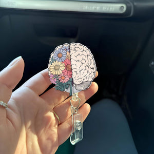 Floral Brain Badge Reel, Left and Right Brain ID Holder, Artistic Medical Name Tag Clip, Gift for Neurologist, Therapist, Teacher, RN, Staff