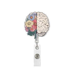 Floral Brain Badge Reel, Left and Right Brain ID Holder, Artistic Medical Name Tag Clip, Gift for Neurologist, Therapist, Teacher, RN, Staff