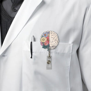 Floral Brain Badge Reel, Left and Right Brain ID Holder, Artistic Medical Name Tag Clip, Gift for Neurologist, Therapist, Teacher, RN, Staff
