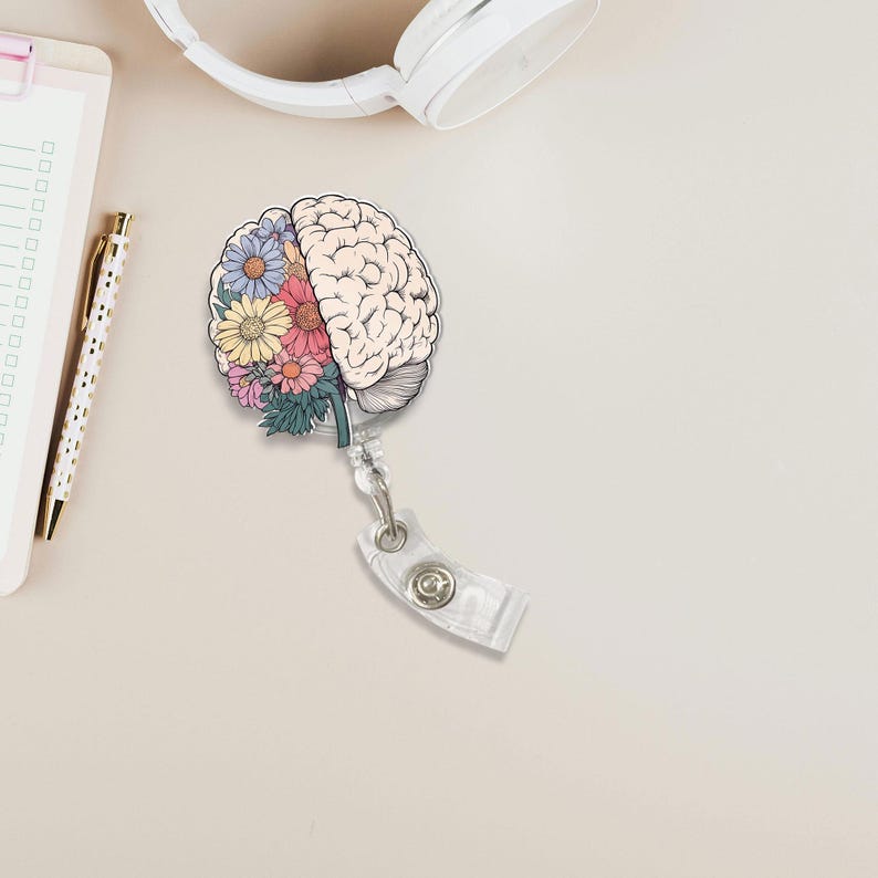 Floral Brain Badge Reel, Left and Right Brain ID Holder, Artistic Medical Name Tag Clip, Gift for Neurologist, Therapist, Teacher, RN, Staff